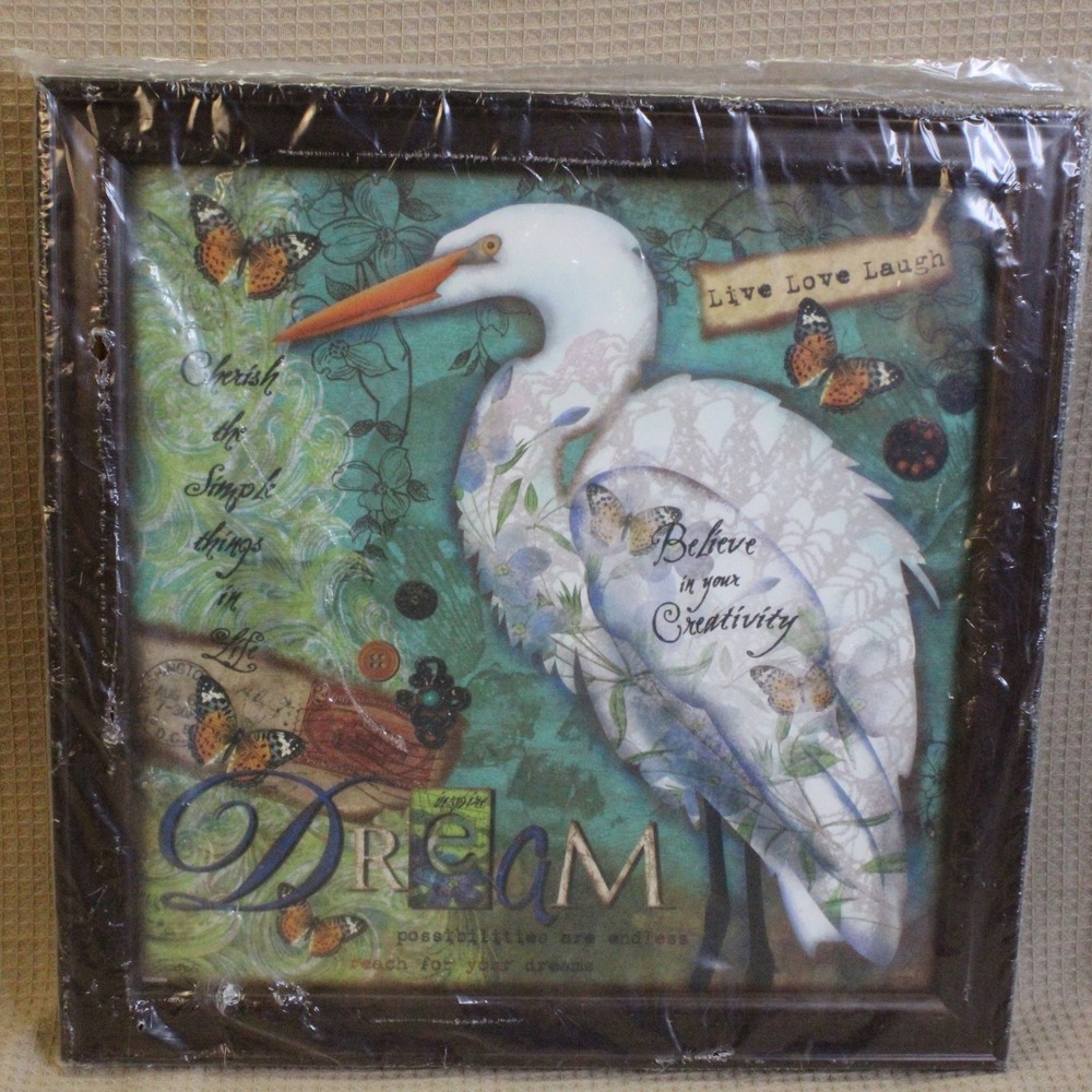 Inspirational Heron Framed Wall Art 13.5" x 14" Boho Shabby Chic Teal Decor